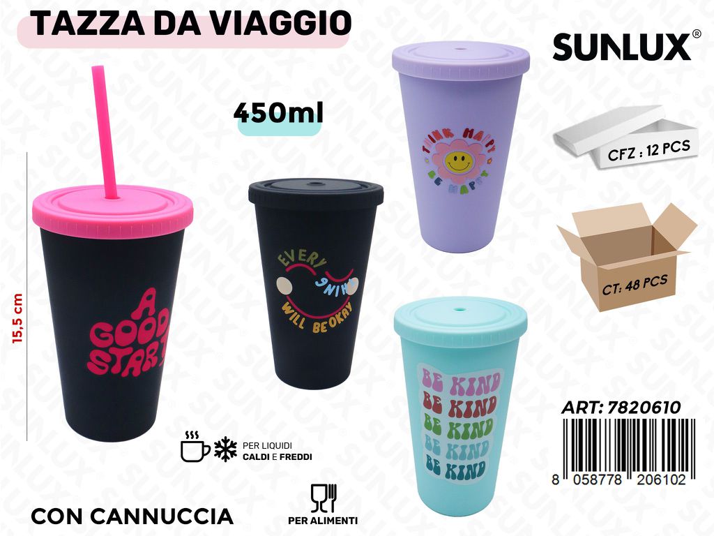 Sunlux Tazza da Viaggio c/Cannuccia Ass. 450ML 15.5CM