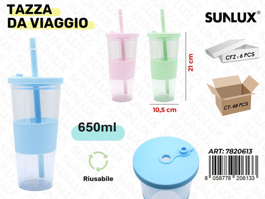 Sunlux Tazza da Viaggio c/Cannuccia Ass. 650ML 10.5*21CM
