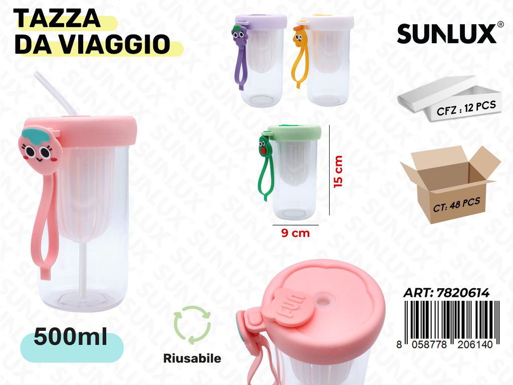 Sunlux Tazza da Viaggio c/Cannuccia Ass. 500ML 9*15CM