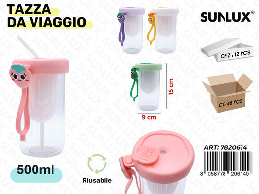 Sunlux Tazza da Viaggio c/Cannuccia Ass. 500ML 9*15CM