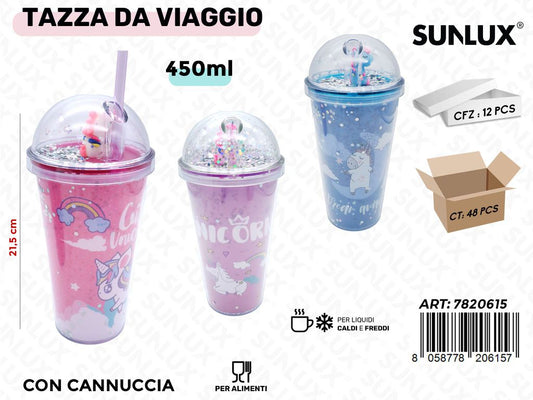 Sunlux Tazza da Viaggio c/Cannuccia Ass. 450ML 21.5CM