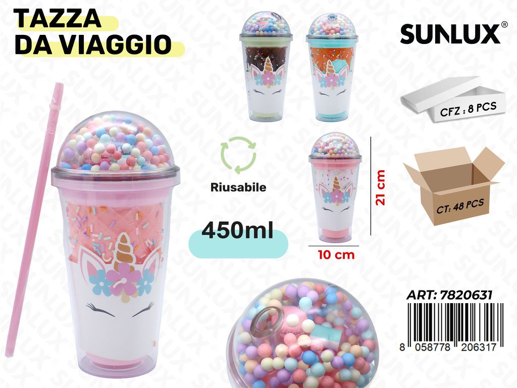Sunlux Tazza da Viaggio c/Cannuccia Ass. 450ML 10*21CM