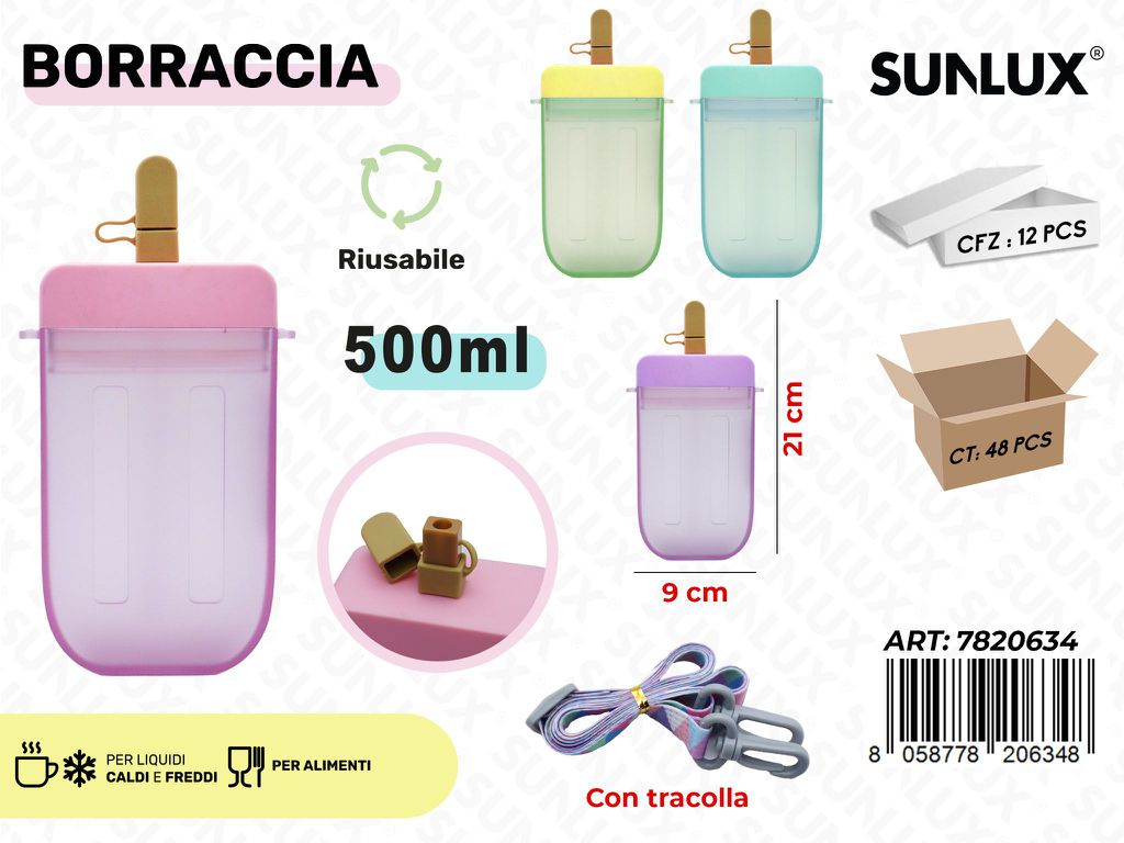Sunlux Borraccia c/Tracolla Ass. 500ML 9*21CM