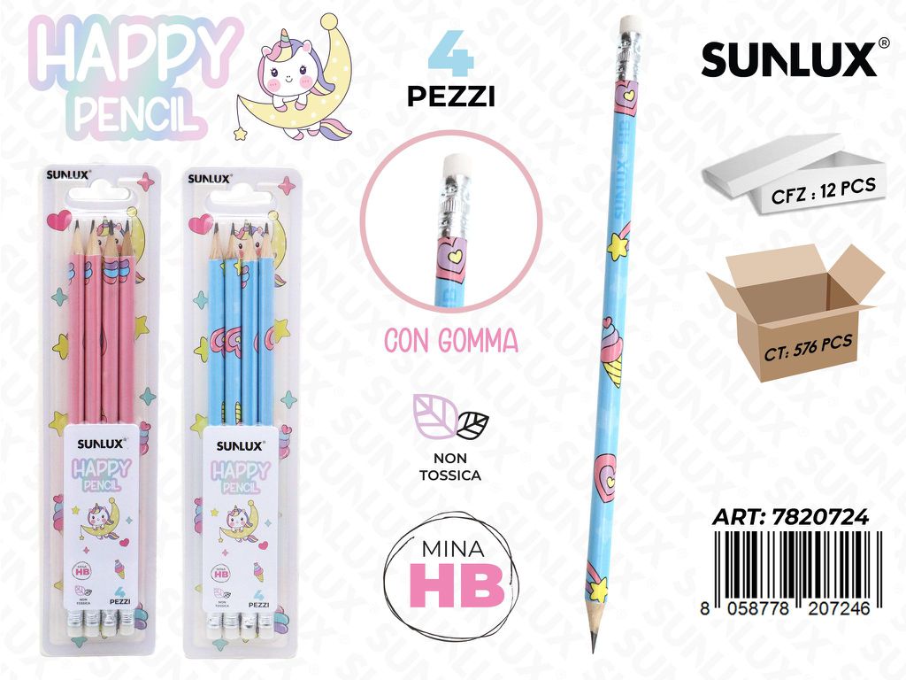 Happy Pencil Unicorn Hb 4Pcs Ass.