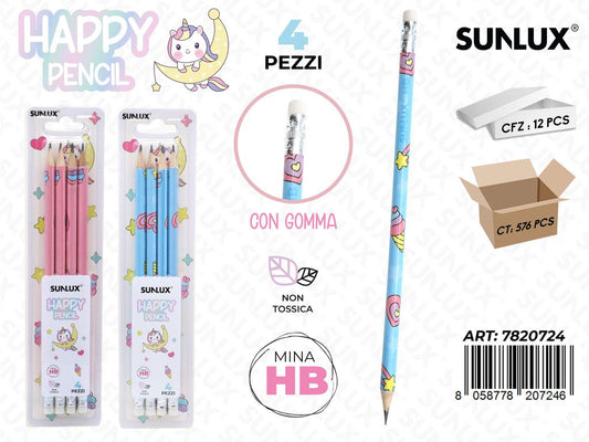 Happy Pencil Unicorn Hb 4Pcs Ass.