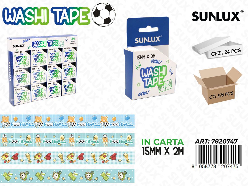 Washi Tape Football 15Mm*2Mt Ass.