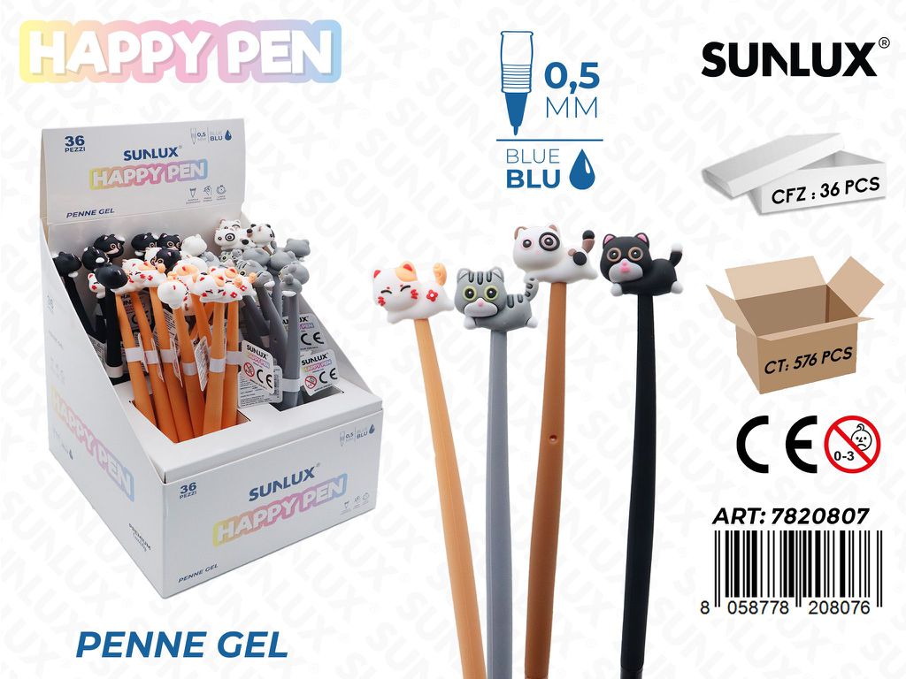 Happy Pen Gel Ass. Blu 0.5Mm Gatto