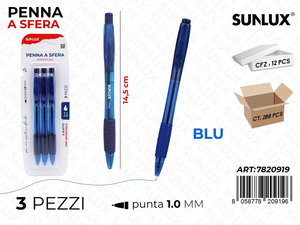 PENNA A SFERA A SCATTO BLU 3PCS 1.0MM