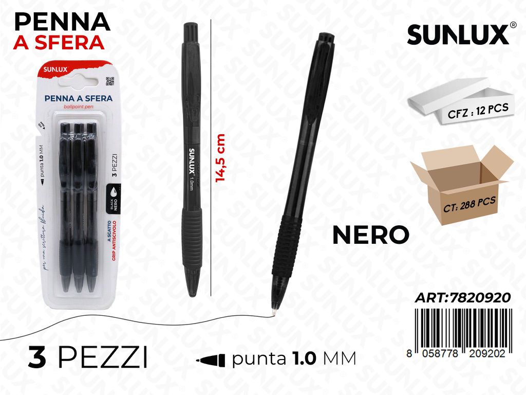 PENNA A SFERA A SCATTO NERO 3PCS 1.0MM