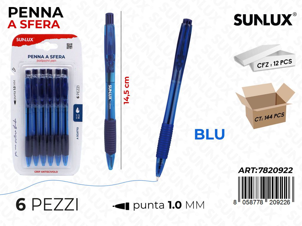 PENNA A SFERA A SCATTO BLU 6PCS 1.0MM