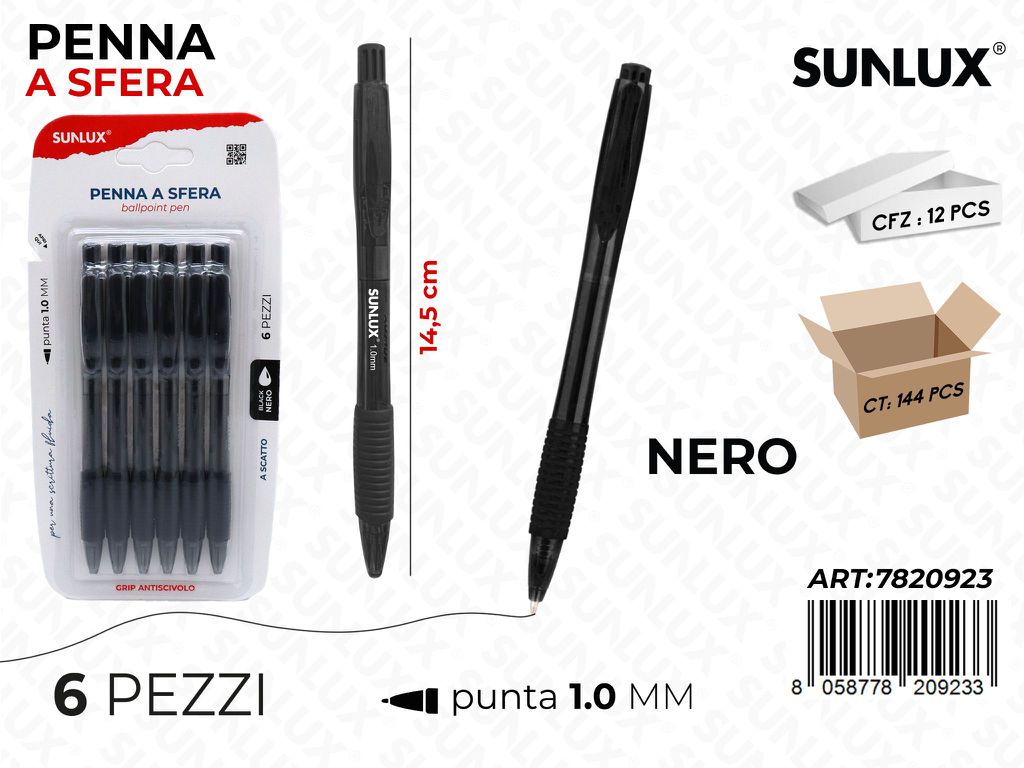 PENNA A SFERA A SCATTO NERO 6PCS 1.0MM