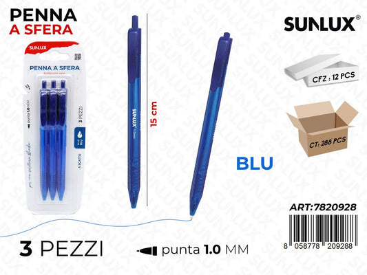 Sunlux Penna a Sfera a Scatto Blu 3PCS 1.0MM