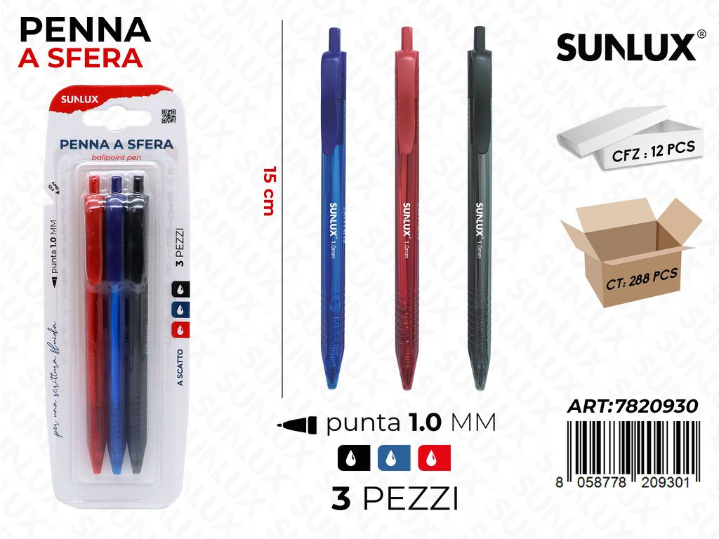 Sunlux Penna a Sfera a Scatto Col.ass. 3PCS 1.0MM