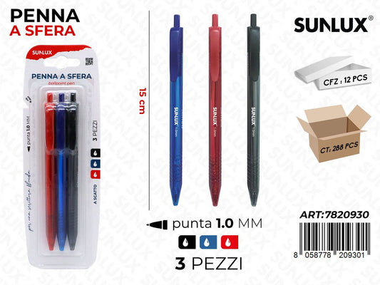 Sunlux Penna a Sfera a Scatto Col.ass. 3PCS 1.0MM