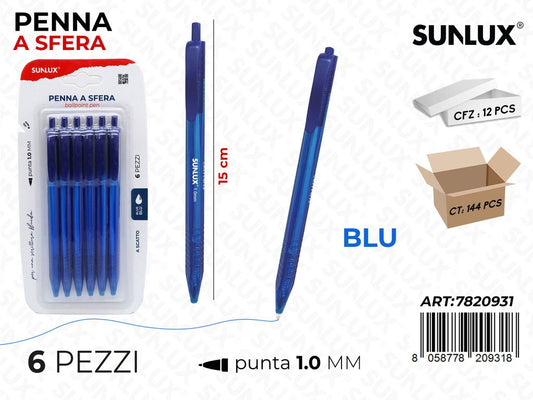 Sunlux Penna a Sfera a Scatto Blu 6PCS 1.0MM