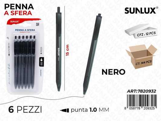 Sunlux Penna a Sfera a Scatto Nero 6PCS 1.0MM