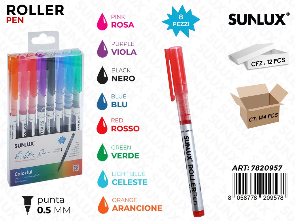 Sunlux Roller Pen 0.5MM 8PCS Ass.
