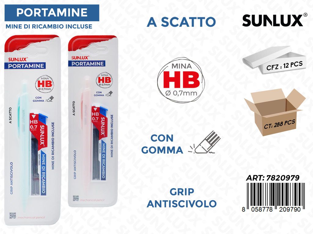 PORTAMINE A SCATTO C/GOMMA HB 0.7MM ASS.
