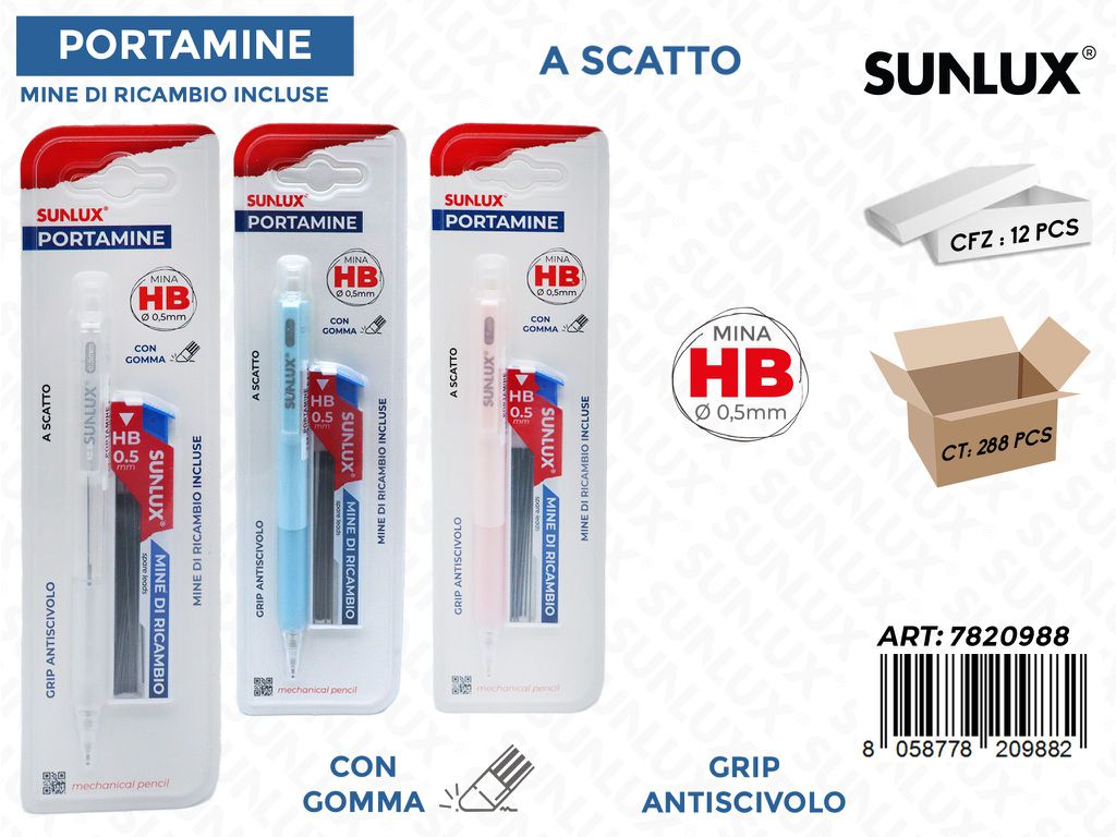 Sunlux Portamine a Scatto c/Gomma Hb 0.5MM Ass.