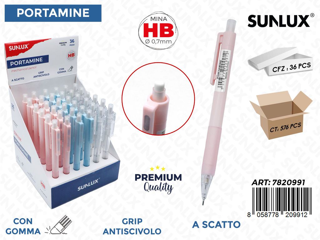 Sunlux Esp. Portamine a Scatto c/Gomma Hb 0.7MM Ass.