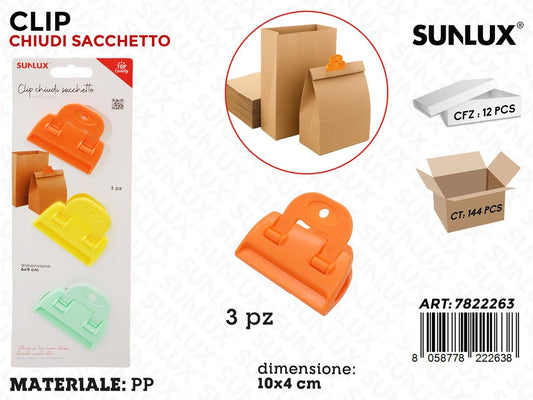 Sunlux Clip Chiudi Sacchetto 3PCS Ass. 10*4CM