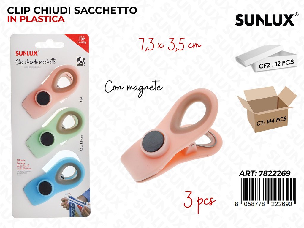 Sunlux Clip Chiudi Sacchetto c/Magnete 3PCS 7.3*3.5CM