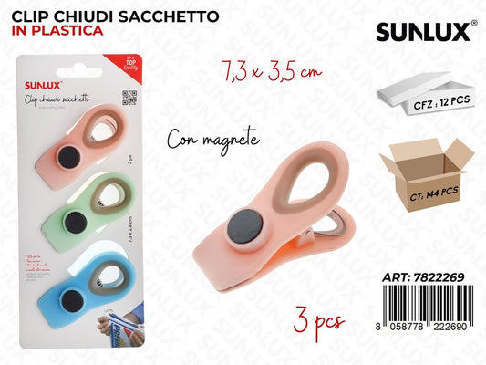 Sunlux Clip Chiudi Sacchetto c/Magnete 3PCS 7.3*3.5CM