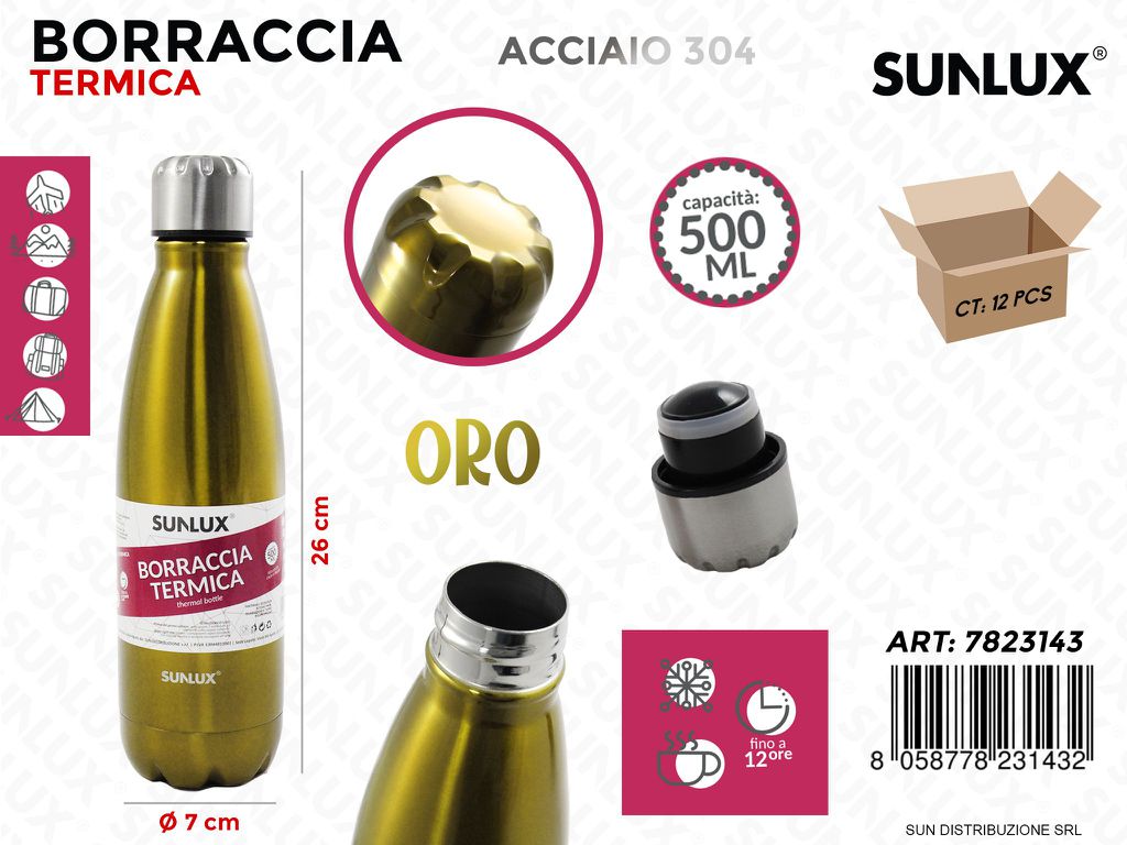 Borraccia Term. Oro Acciaio 304 500ML 7*26CM