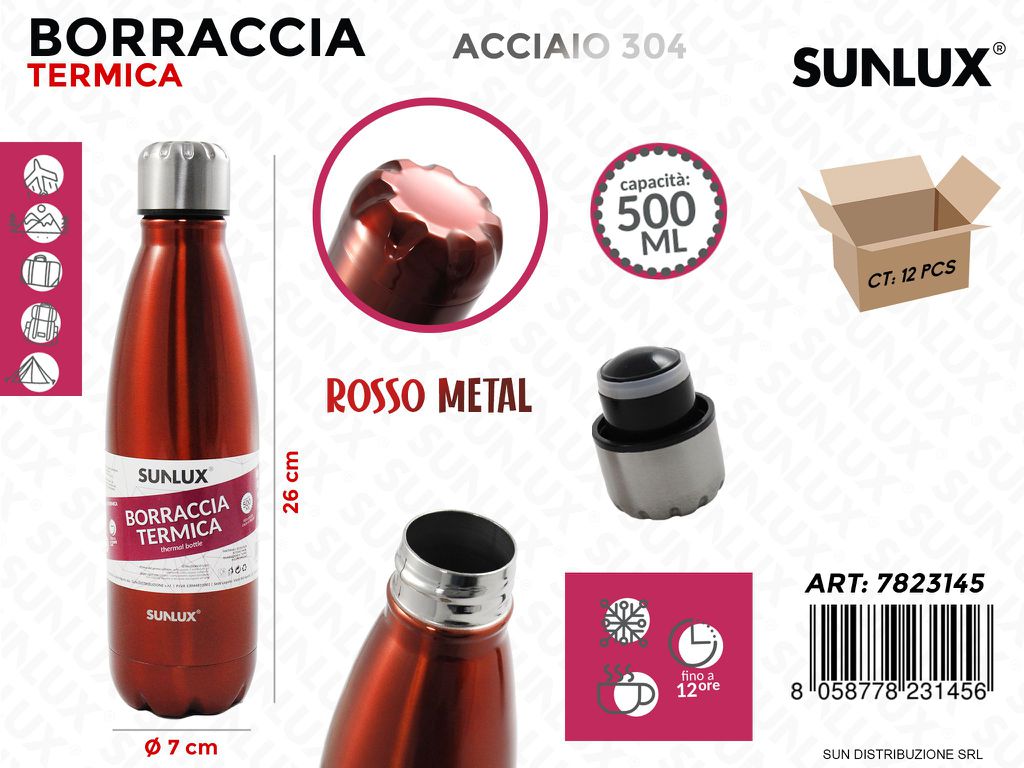 Borraccia Term. Rosso M. Acciaio 304 500ML 7*26CM