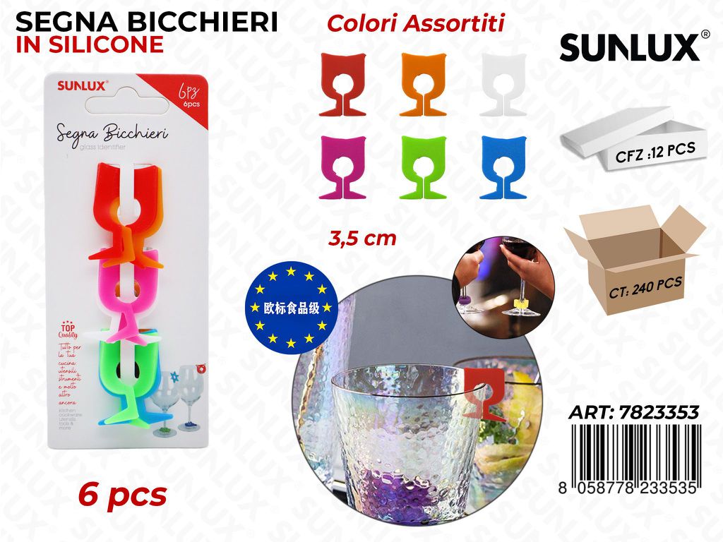 Segna Bicchieri in Silicone Col. Ass. 6PCS 3.5CM