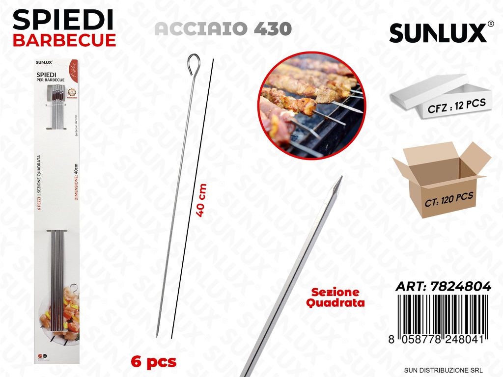 Spiedi per Bbq Quadr. Acciaio 430 6PCS 40CM