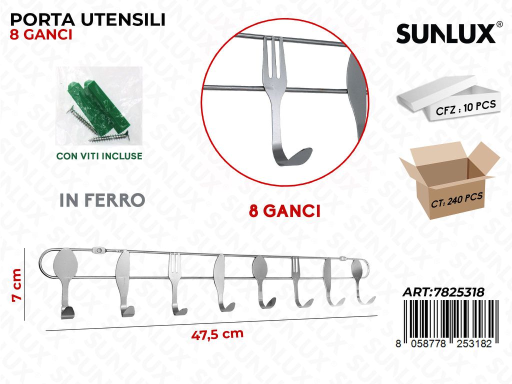 Sunlux Porta Utensili 8 Ganci Ferro c/Viti 7*47.5CM