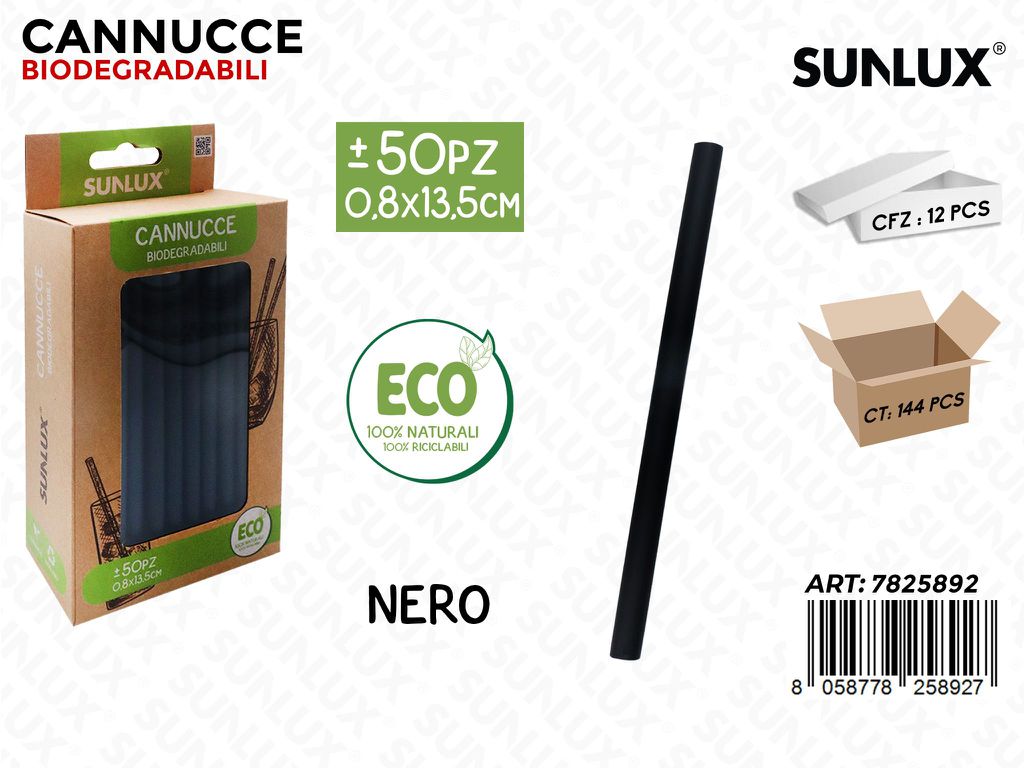 Sunlux Cannucce Biodegr. Nero 50PCS 0.8*13.5CM