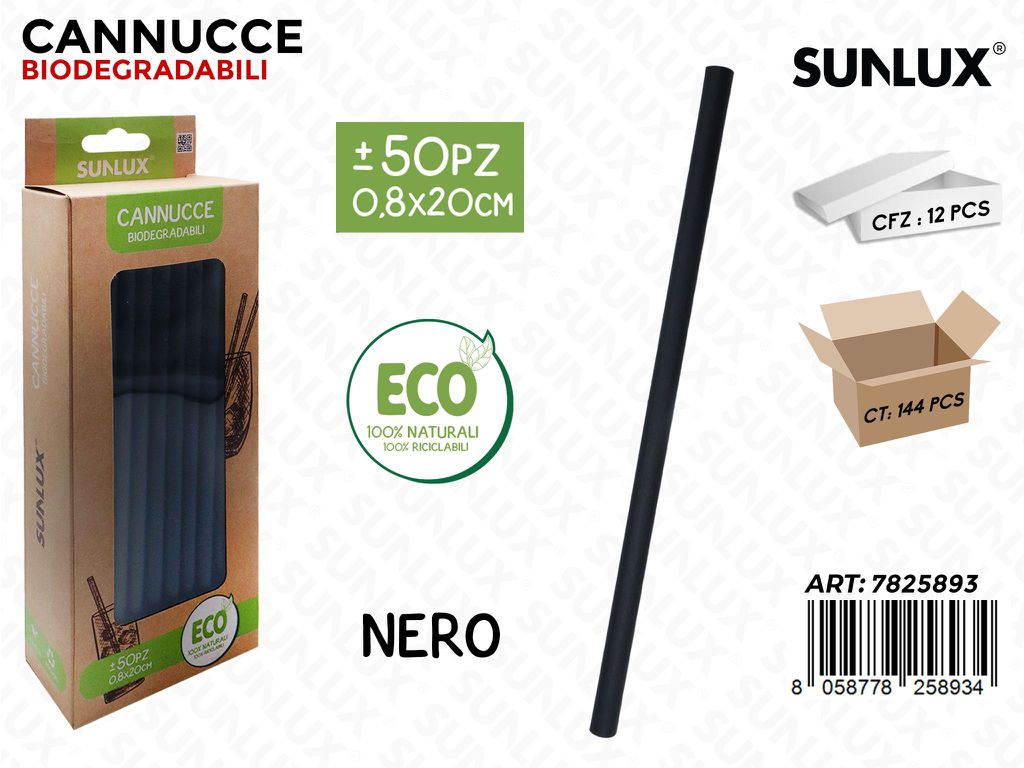 Sunlux Cannucce Biodegr. Nero 50PCS 0.8*20CM