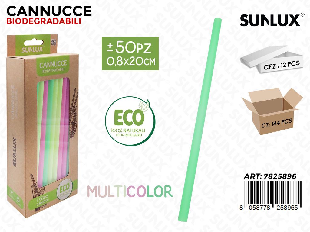 Sunlux Cannucce Biodegr. Multicolor 50PCS 0.8*20CM