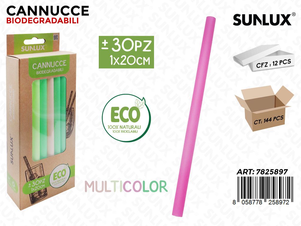 Sunlux Cannucce Biodegr. Multicolor 30PCS 1*20CM