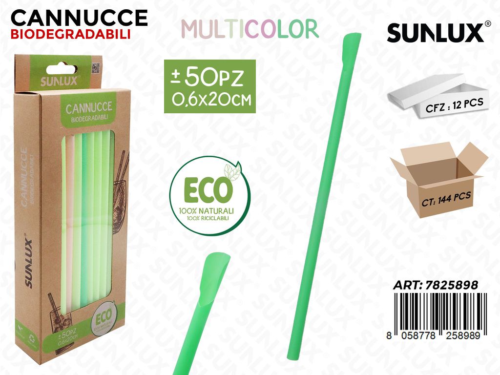 Sunlux Cannucce Biodegr. Multicolor 50PCS 0.6*20CM