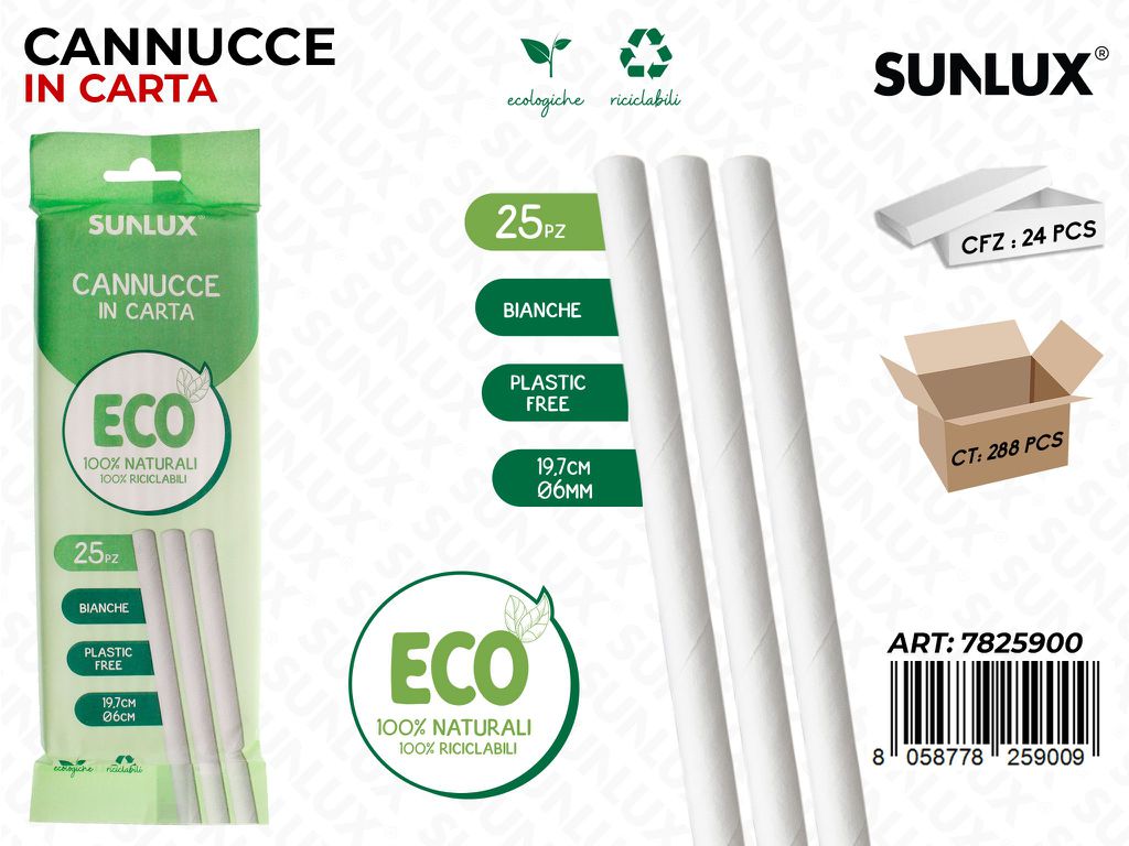 Sunlux Cannucce Carta Bia. D.6MM*19.7CM 25PCS/ Pz da 24