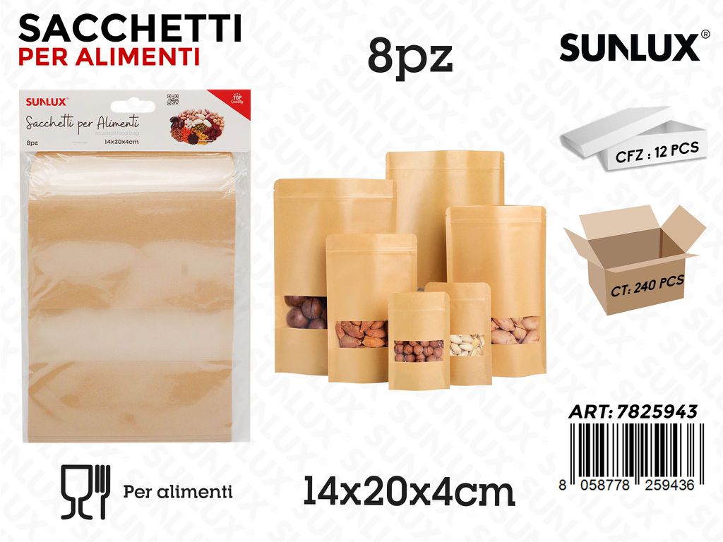 Sunlux Sacchetti Alimenti Kraft 8PCS 14*20*4CM