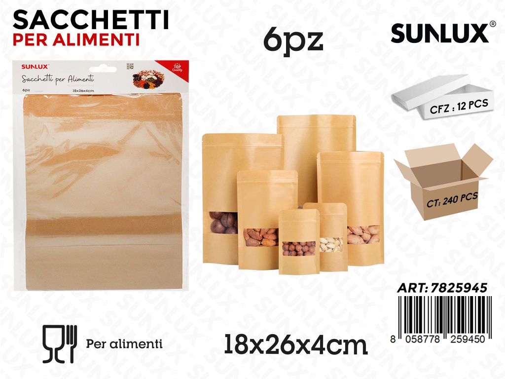 Sunlux Sacchetti Alimenti Kraft 6PCS 18*26*4CM