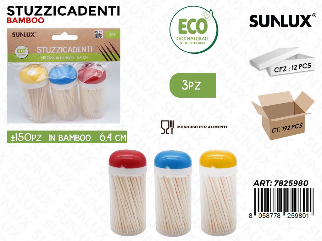 Sunlux Stuzzicadenti in Bamboo 3PCS ASS.150PCS 6.4CM