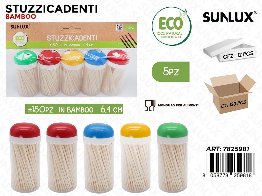 Sunlux Stuzzicadenti in Bamboo 5PCS ASS.150PCS 6.4CM