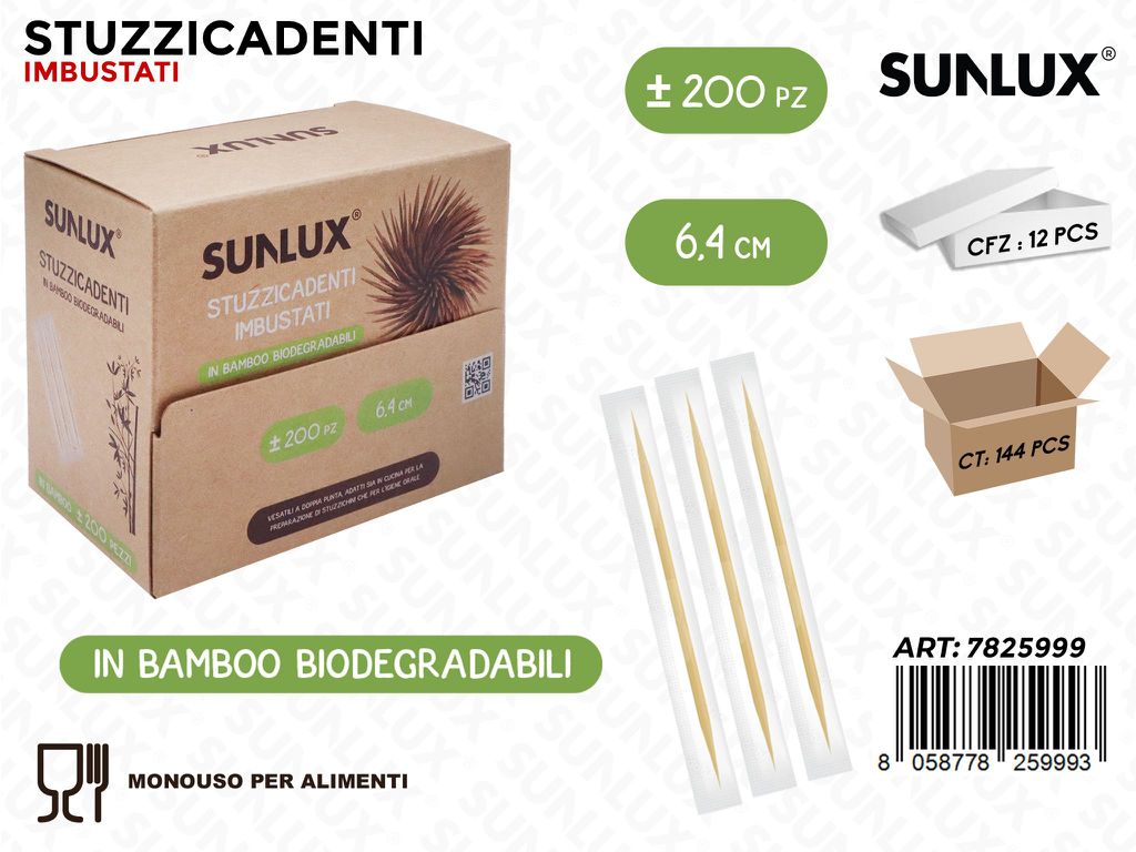Sunlux Stuzzicadenti in Bamboo IMBUST.200PCS 6.4CM