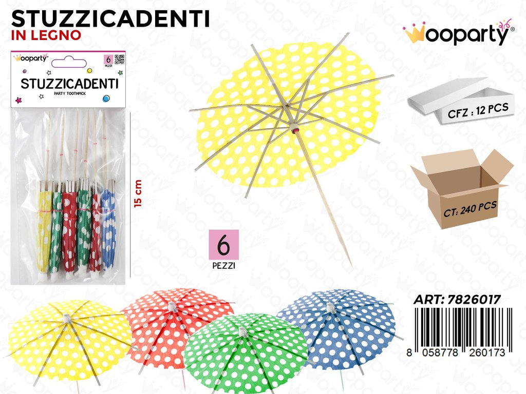 STUZZICADENTI OMBRELLINO ASS. 6PCS 15CM /PZ DA 12**