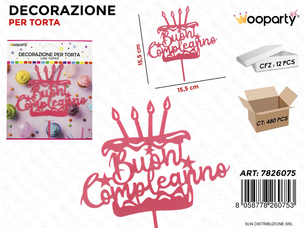 DEC. PER TORTA BUON COMPL. ROSA 15.5CM /PZ DA 12**