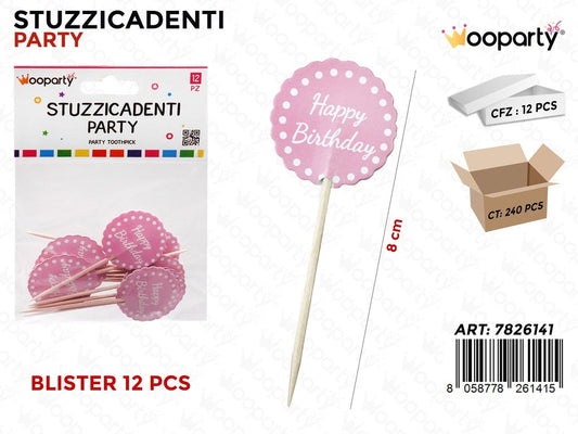 STUZZICADENTI PARTY H. BIRTHDAY ROSA 12PCS 8CM /PZ DA 12**