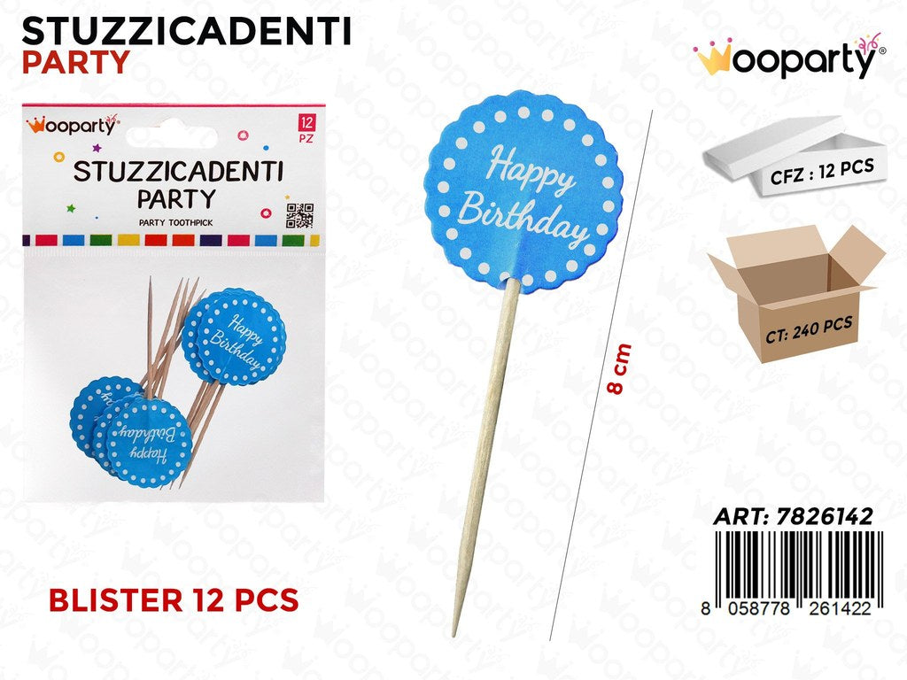 STUZZICADENTI PARTY H. BIRTHDAY CEL. 12PCS 8CM /PZ DA 12**