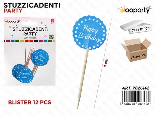 STUZZICADENTI PARTY H. BIRTHDAY CEL. 12PCS 8CM /PZ DA 12**
