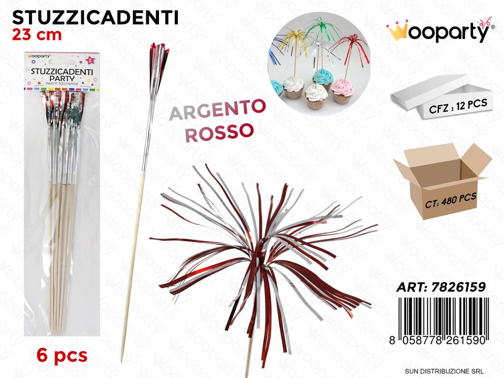 STUZZICADENTI PARTY ROSSO-ARG. 6PCS 23CM /PZ DA 12**