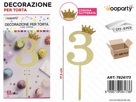 DEC. PER TORTA N.3 ORO C/ CORONA GLIT. 17.5CM /PZ DA 12**